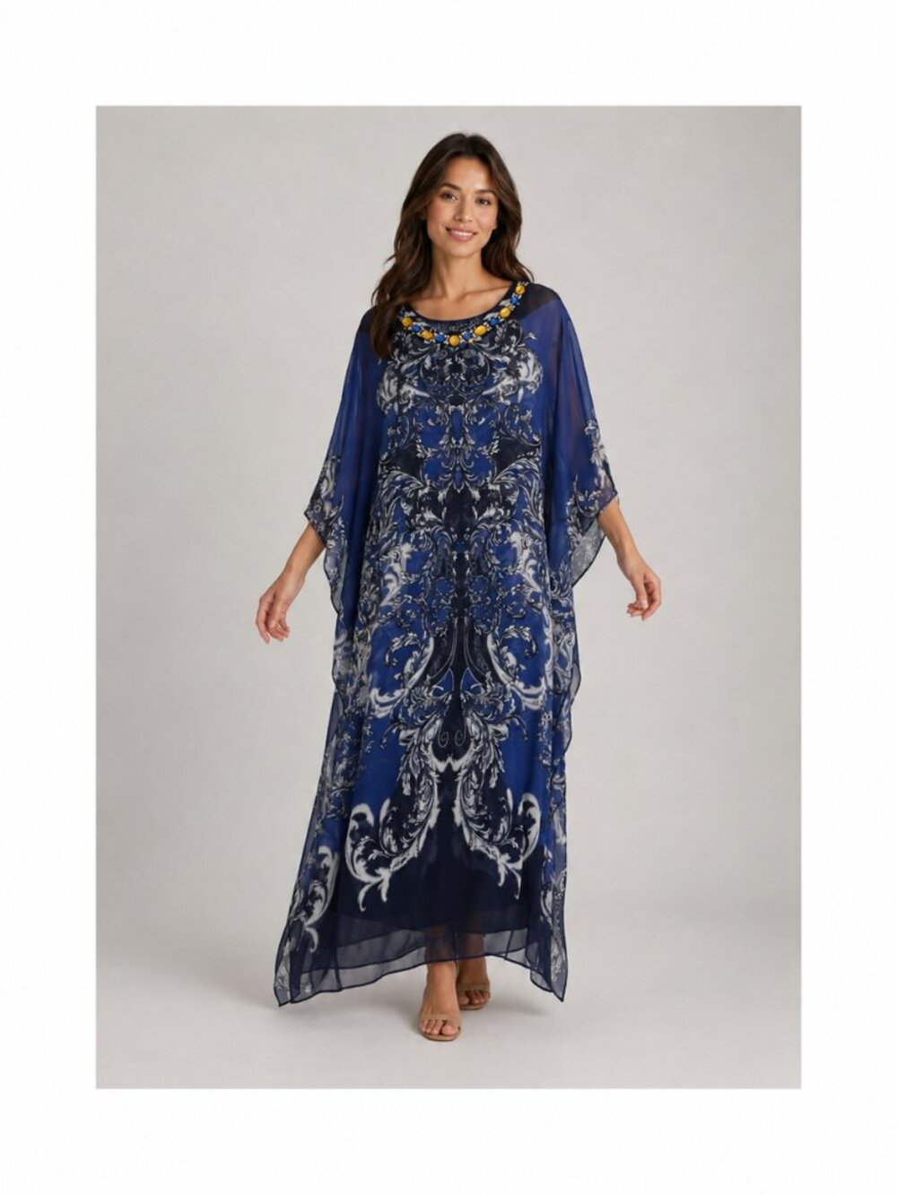 Antthony Original Women’s XS Blue Baroque Jeweled Neckline Sheer Sleeve Tunic